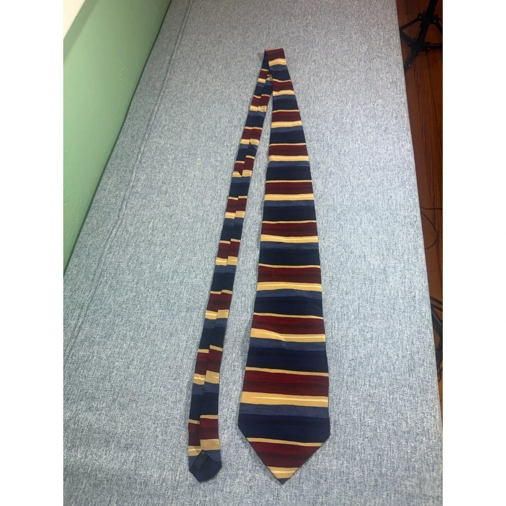 Vintage John Henry 100% Silk Necktie Horizontal Stripe Red Navy Gold